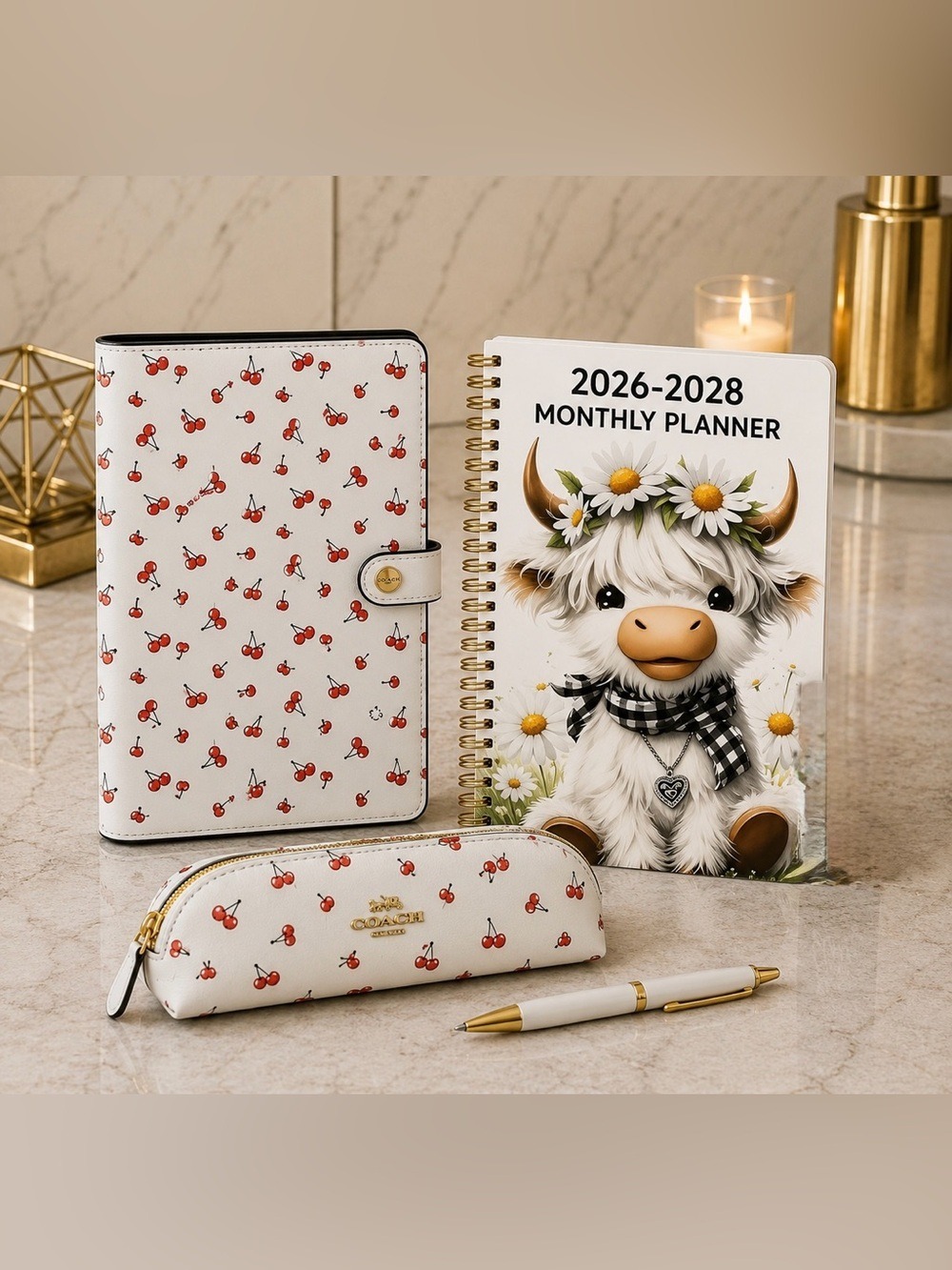 NEW Coach Notebook & Pencil Case Set with Cherry Print NWT + 2026–2028 Planner